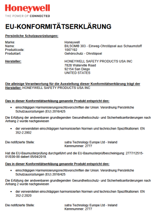 HONEYWELL Gehörschutzstöpsel Bilsom 303 L Nachfüllpack 200 Paar, Gr. L